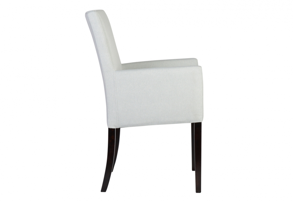 Stuhl mit weißem Bezug und dunklen Beinen.
