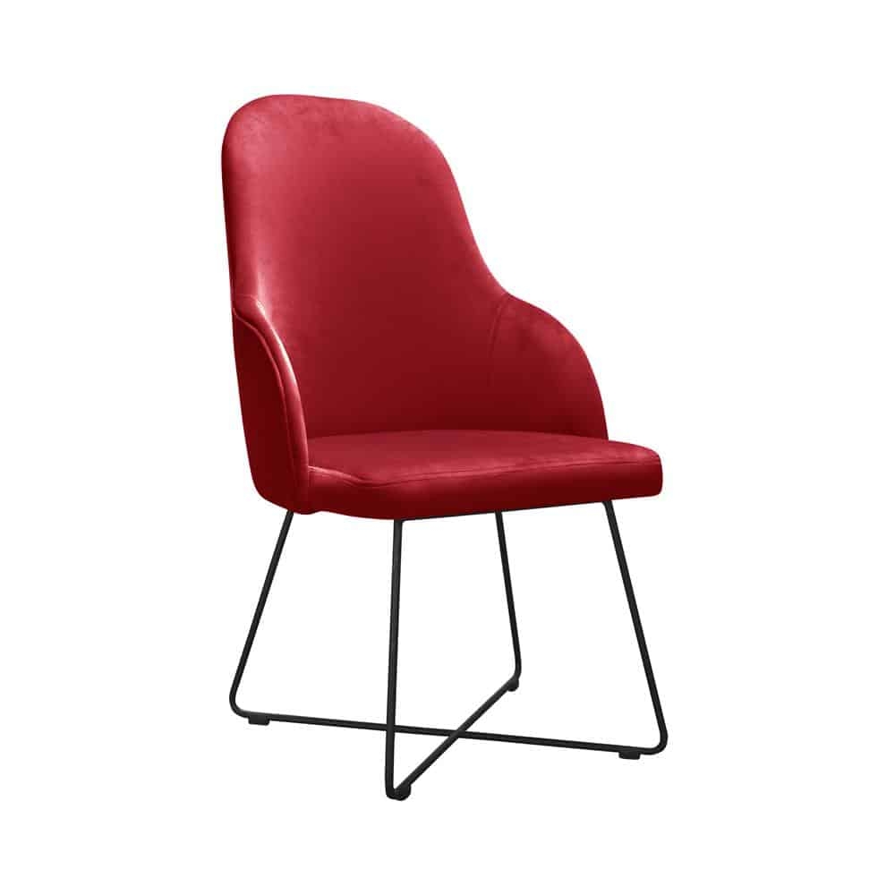 Stuhl mit einem rotem Bezug und schwarzen Metallbeinen Cross.