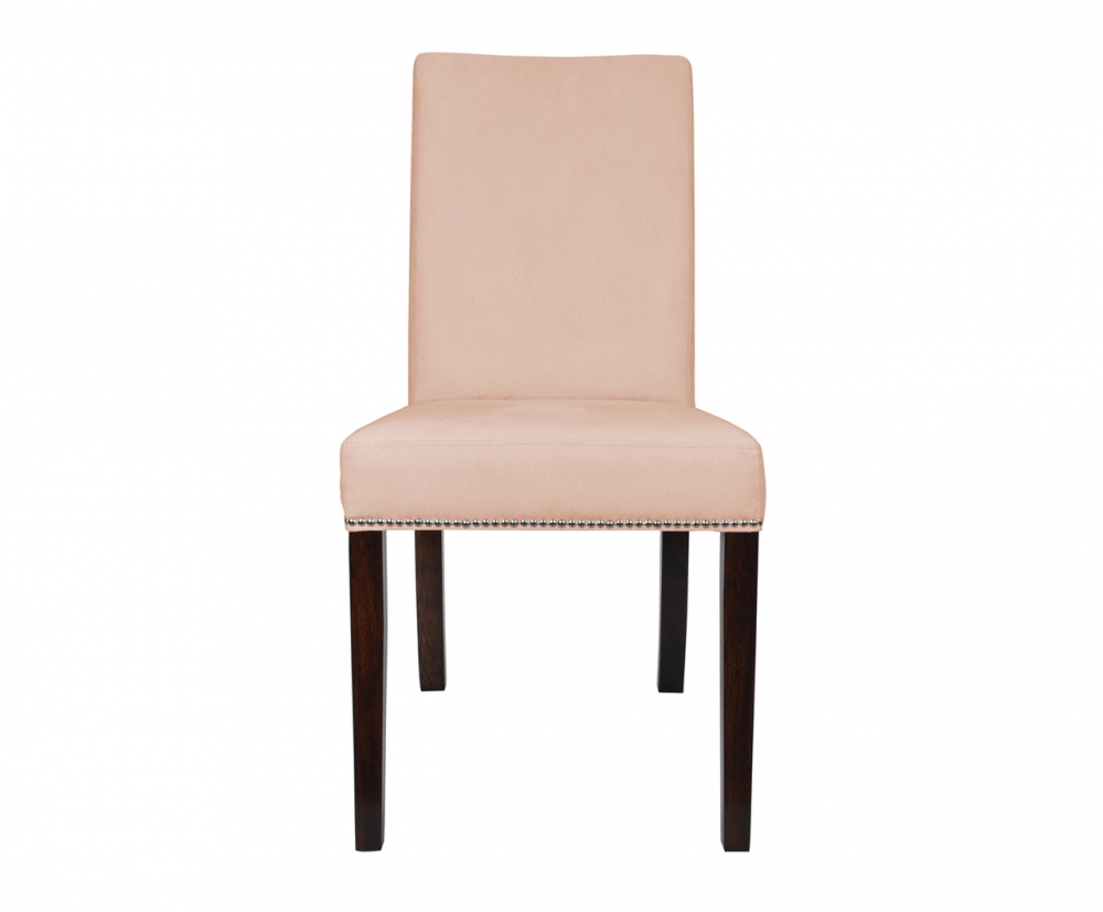 Stuhl mit einem rosa Bezug und dunklen Beinen.