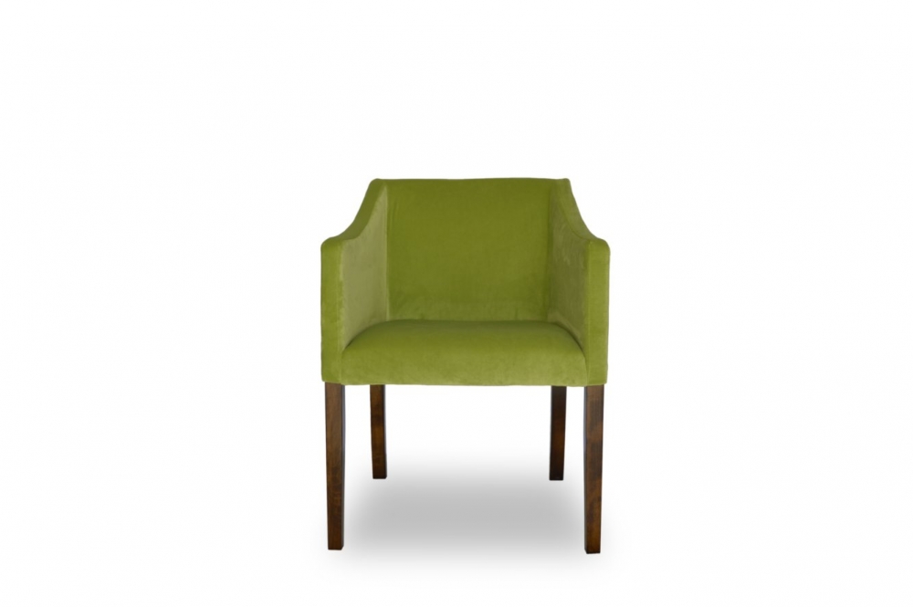 Der Stuhl mit einem grünen Bezug und dunklen Stuhlbeinen.