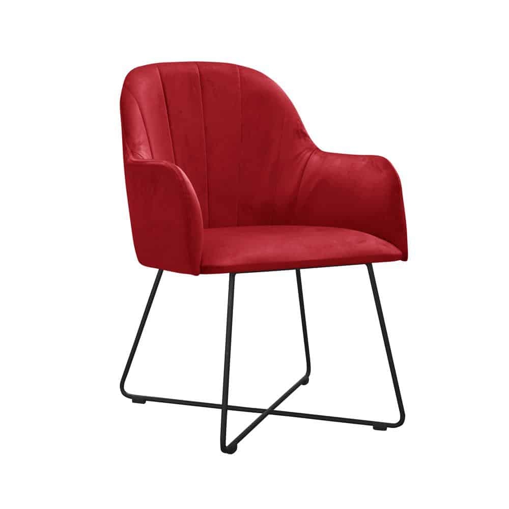Stuhl mit rotem Bezug und Metallbeinen Cross.