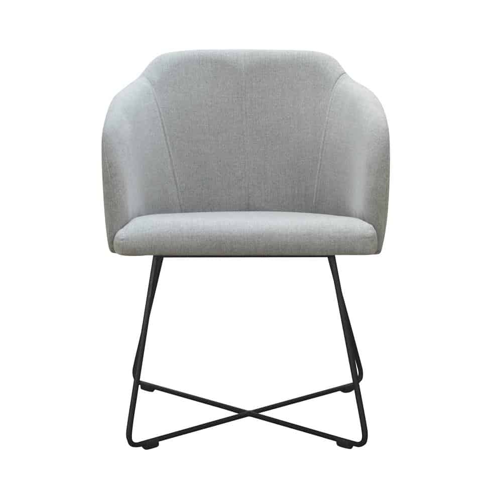 Stuhl mit grauem Bezug und Metallbeinen Cross.