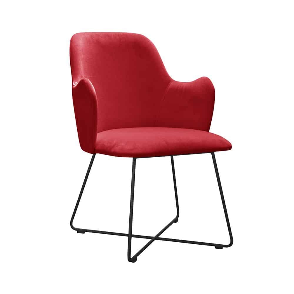 Stuhl mit rotem Bezug und Cross Gestell.