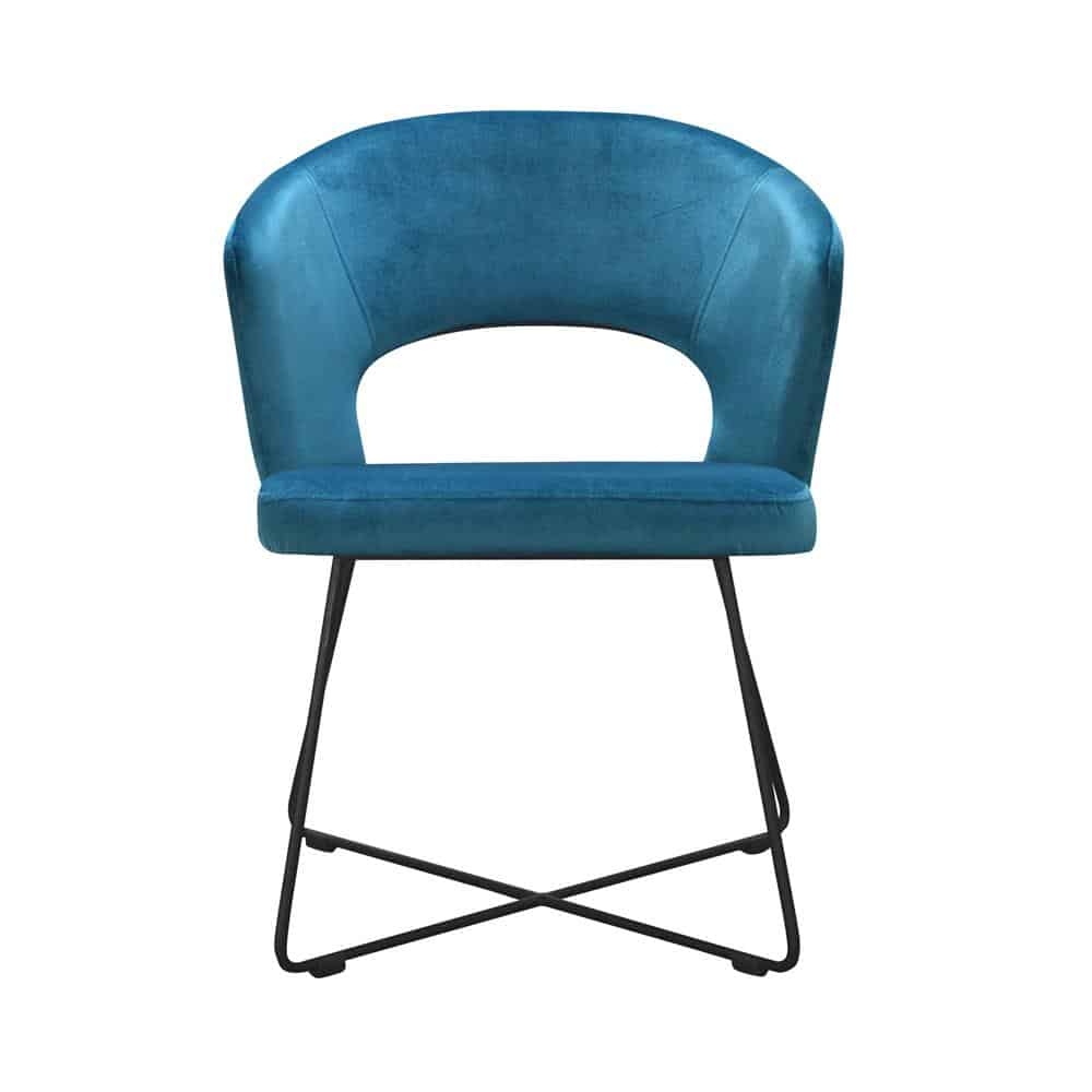 Sessel mit blauem Bezug und Metallbeinen Cross.