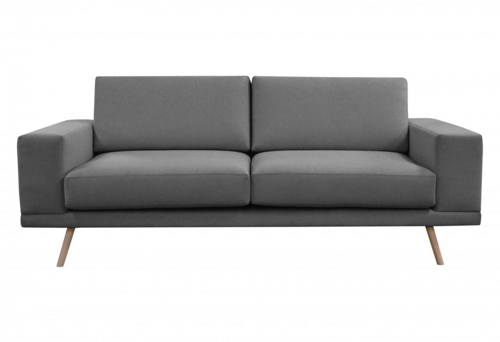 Das Sofa mit einem grauen weichen Webstoff.