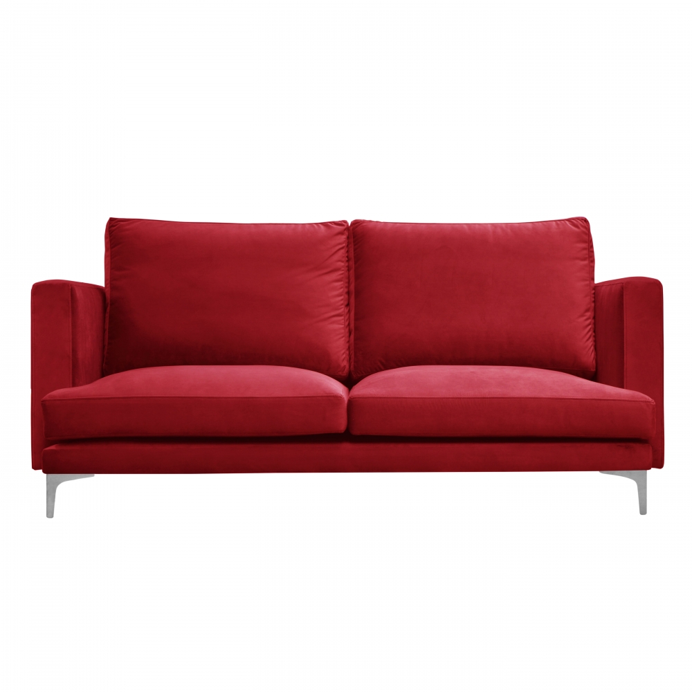 Sofa mit rotem Bezug.