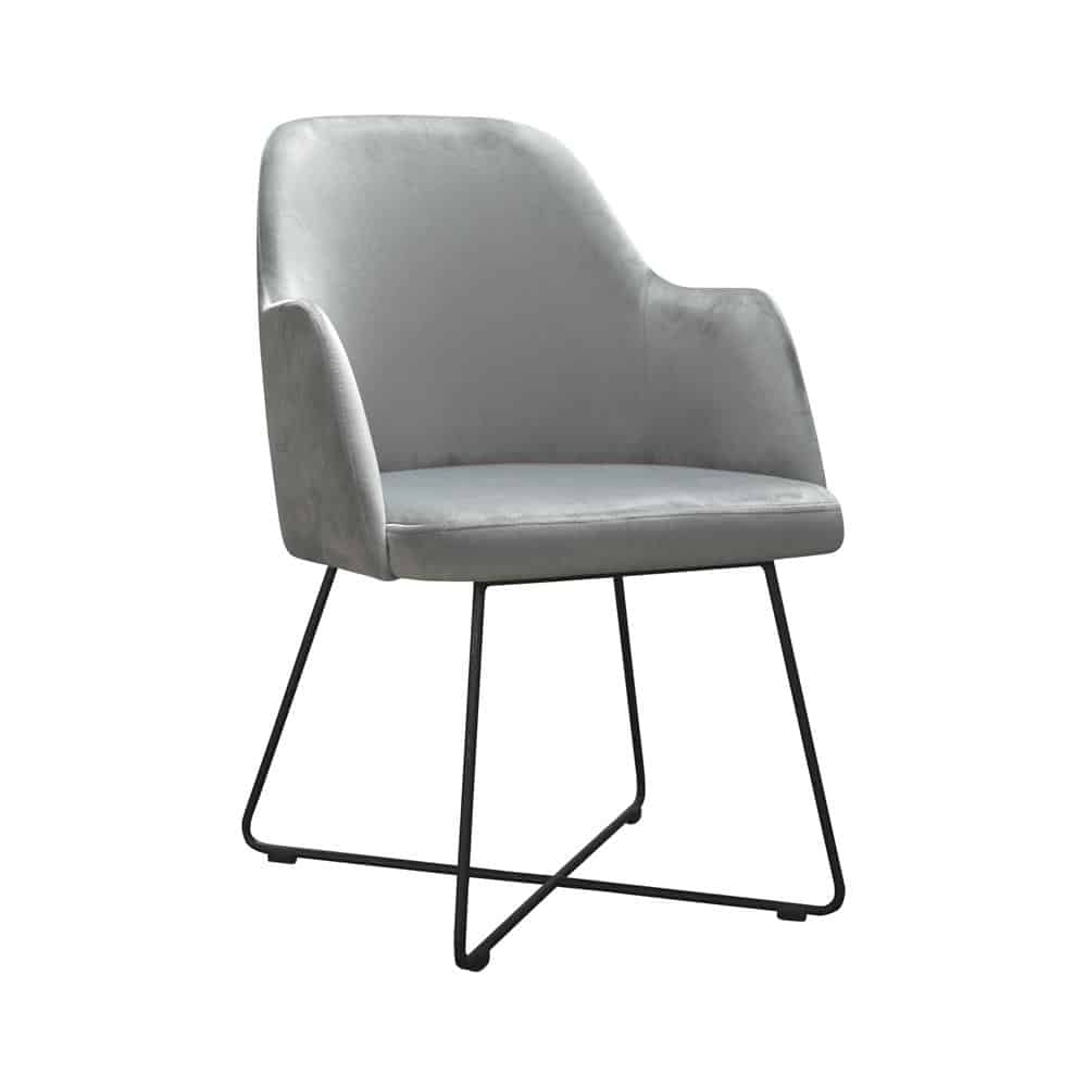 Stuhl mit grauem Bezug und Metallbeinen Cross.