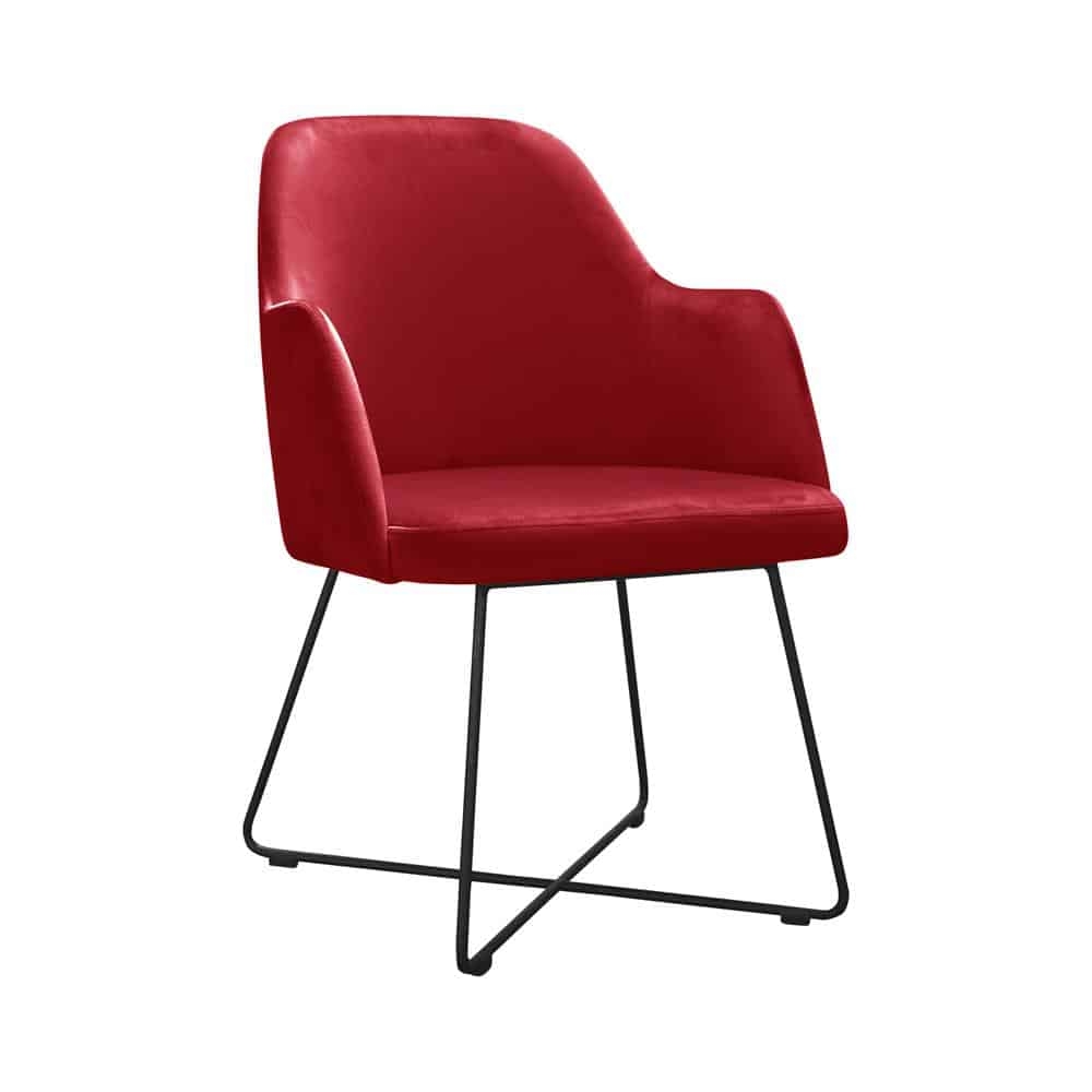 Stuhl mit rotem Bezug und Metallbeinen Cross.
