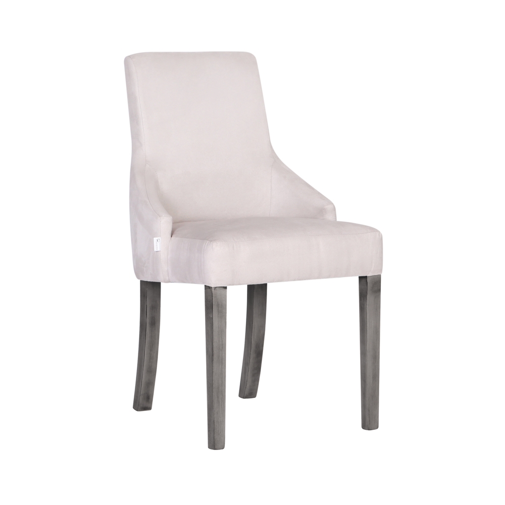 Stuhl mit weißem Bezug und dunklen Beinen.