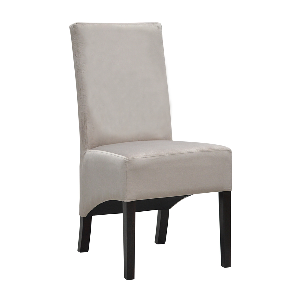 Stuhl mit grauem Bezug und dunklen Beinen.