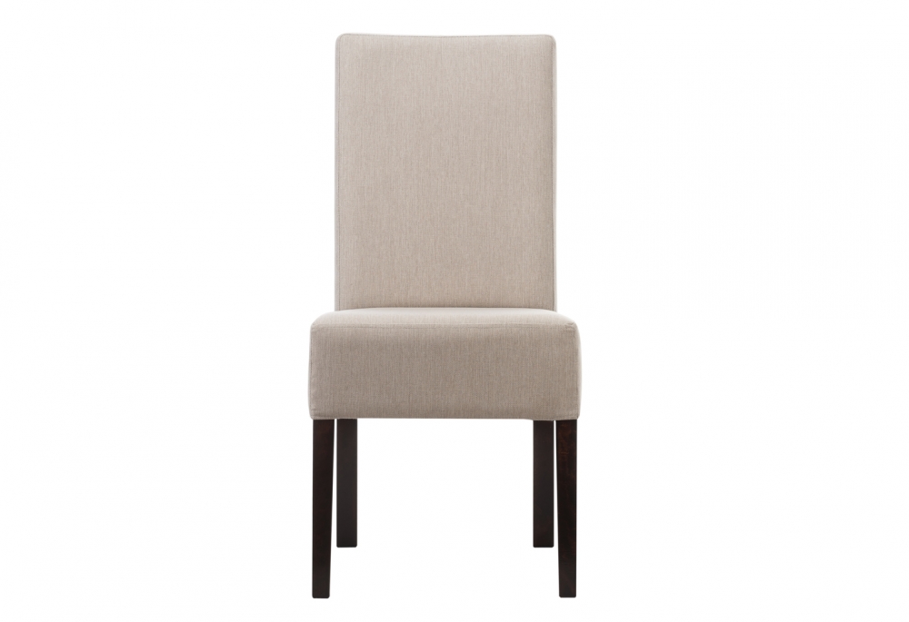 Stuhl mit grauem Bezug und dicker Sitzfläche.
